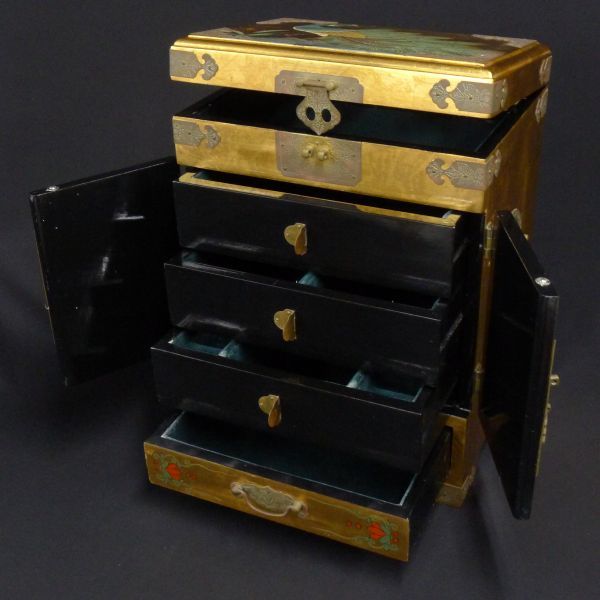 R627 天然木製 李朝家具 尾形光琳風 金箔色絵花鳥図 宝石箱 ジュエリー 