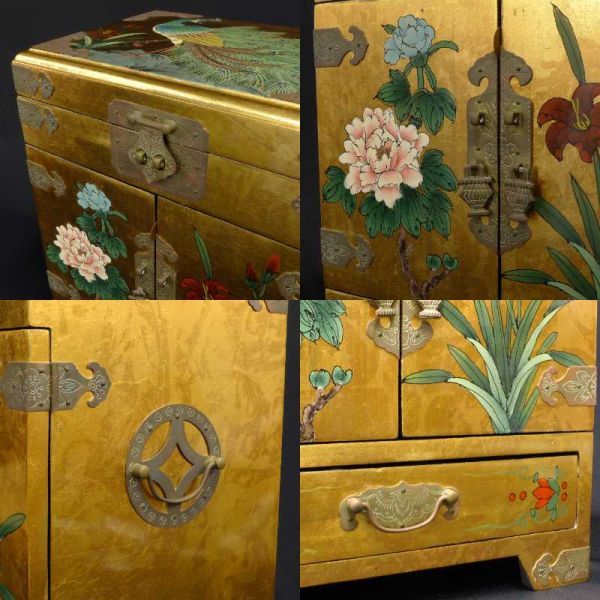 R627 天然木製 李朝家具 尾形光琳風 金箔色絵花鳥図 宝石箱 ジュエリー 