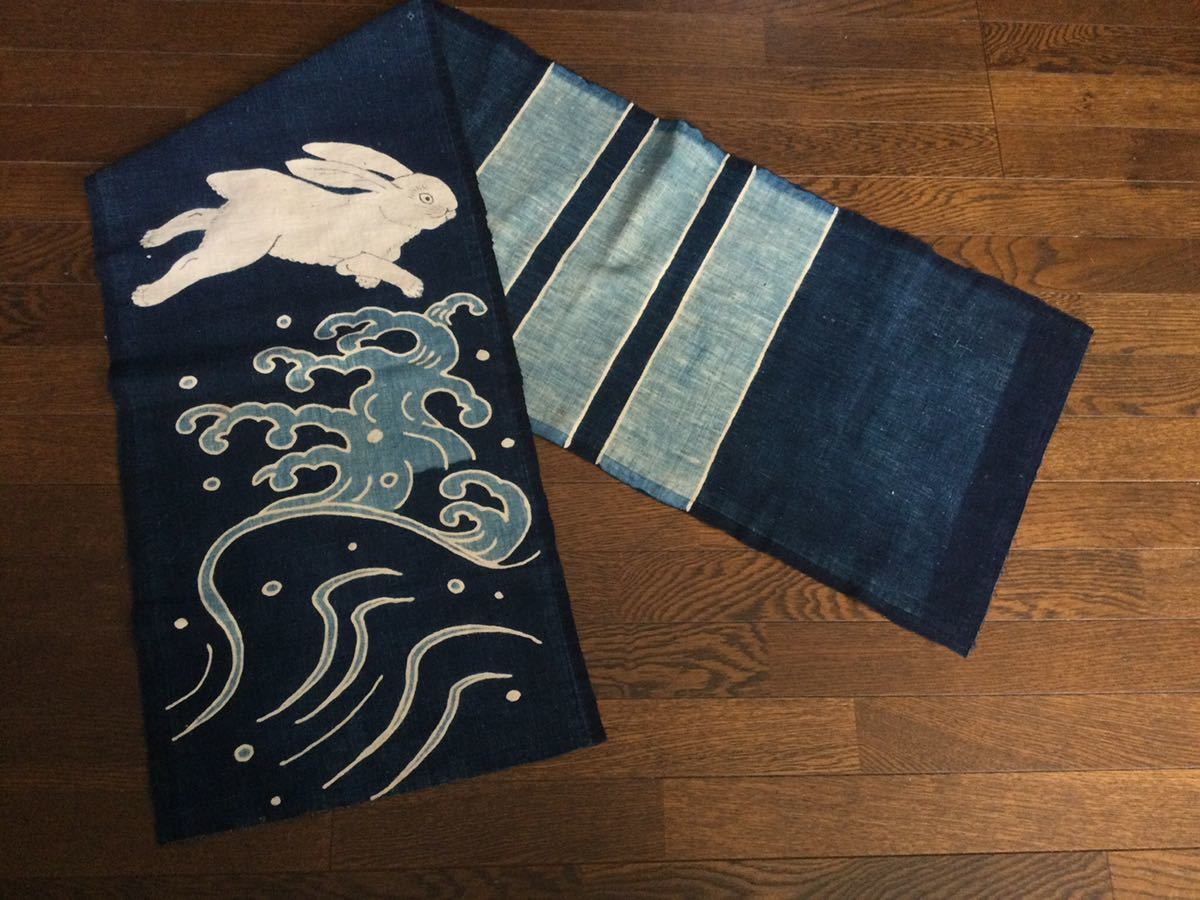 時代物/古布/稀少/馬の腹掛けの一部/波に兎/幕末明治期/筒描き/34 