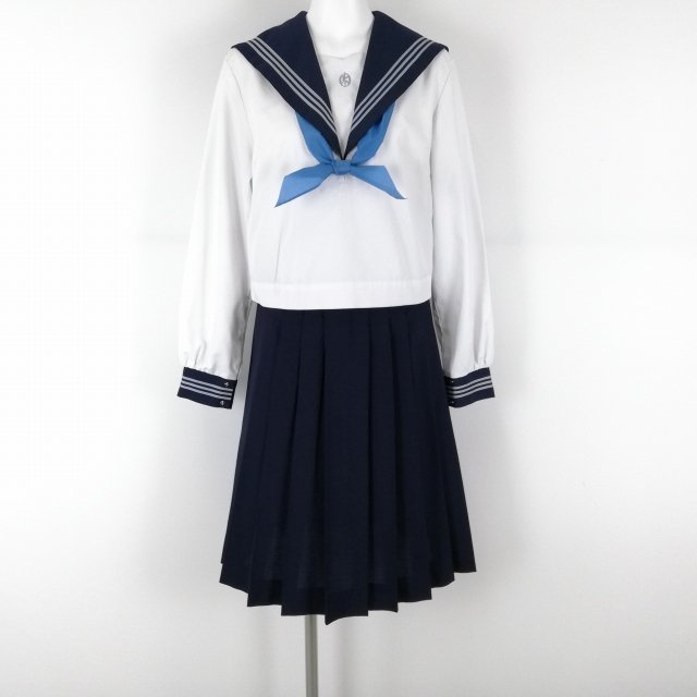 1円 セーラー服 スカート スカーフ 上下3点セット 中間服 グレー3本線 女子 学生服 高知岡豊高校 白 制服 中古 ランクC EY1312