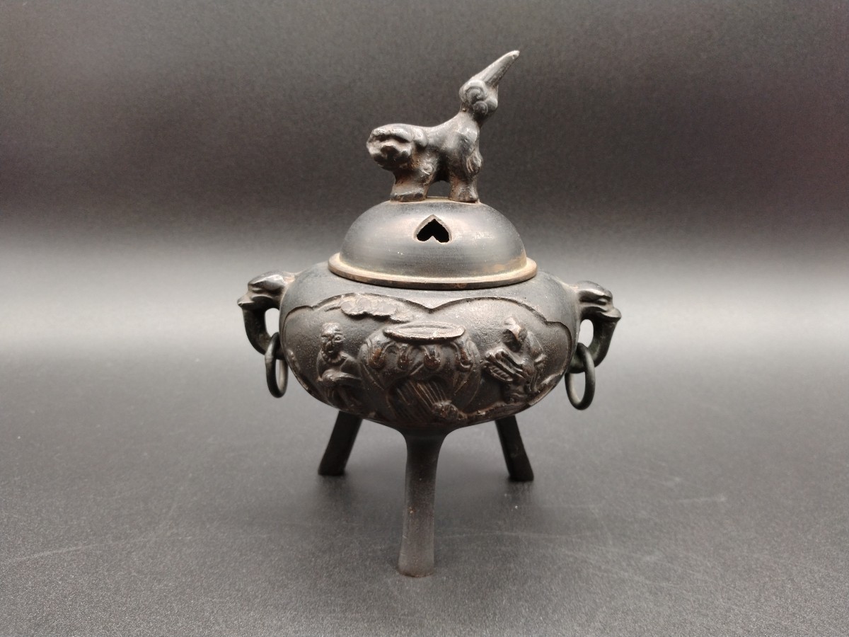 銅製 香炉 三足 遊環耳付き 獅子摘 銅香炉 古銅 743g 茶道具 仏具 骨董