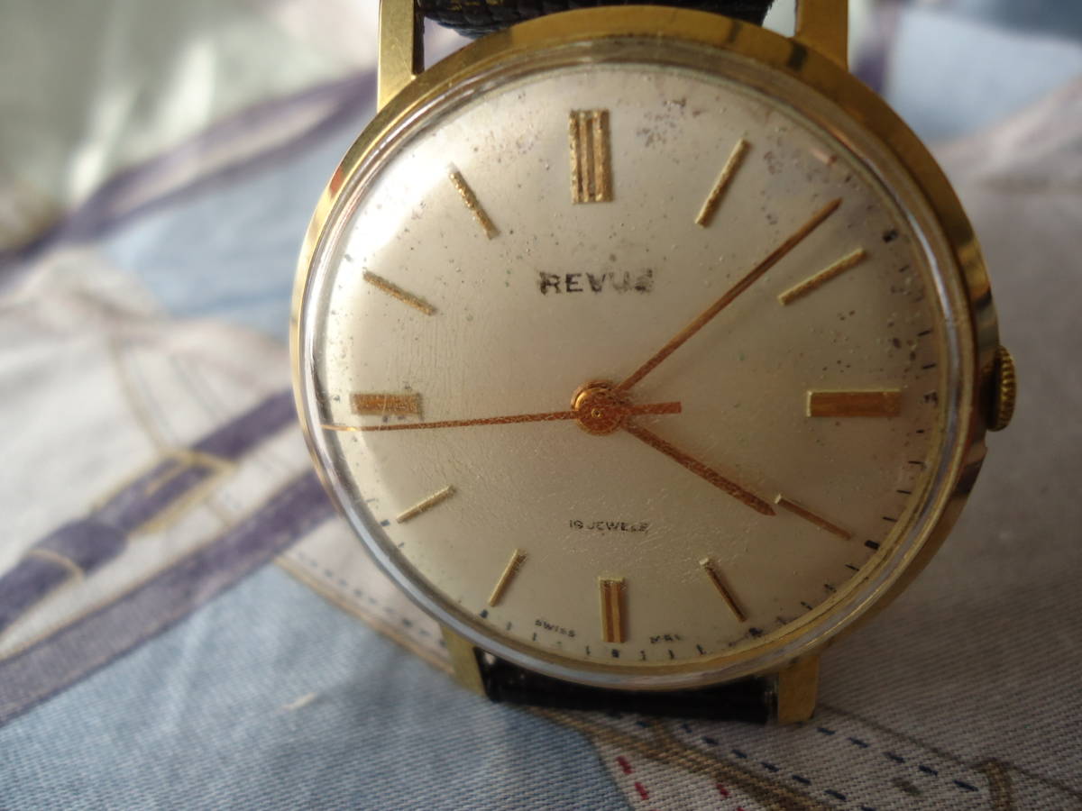 即決送料無料　不動　REVUE　19JEWELS SWISS　高級品レビュー　手巻き　36ｍｍ　　