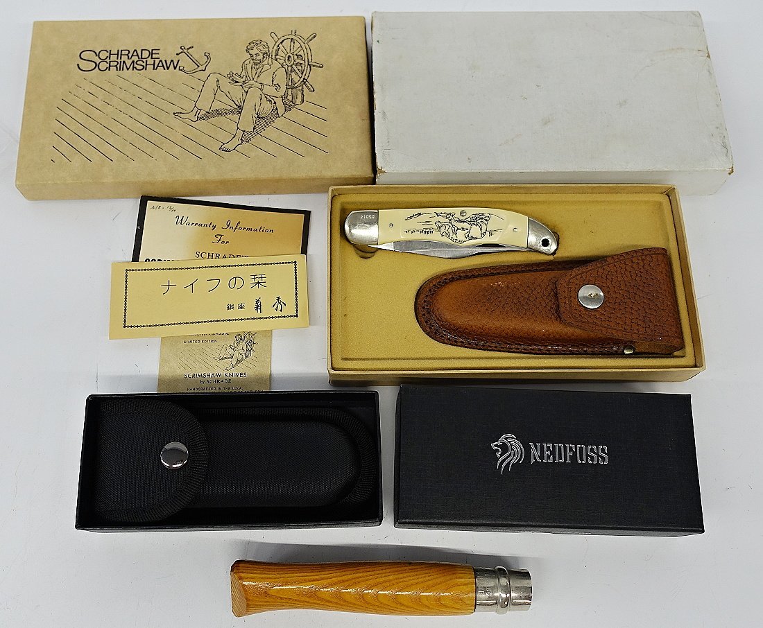 1円～　おたからや◆C0142　ナイフまとめて　OPINEL オピネル、SCHREDE‘S シュレード、NEDFOSS　フォールディングナイフ　計3本