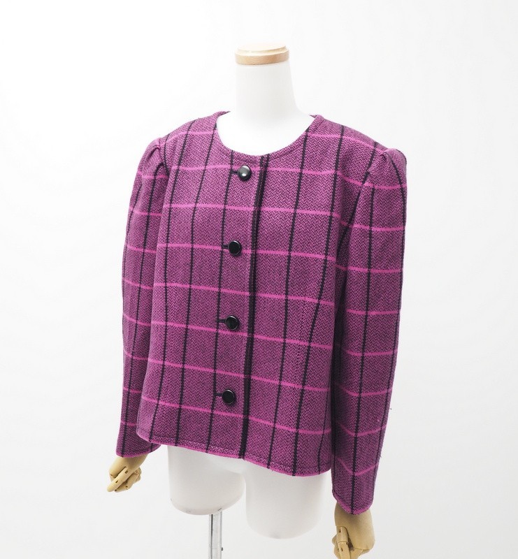 【中古】ジバンシィ GIVENCHY ノーカラージャケット ブルゾン 総柄 チェック 13 パープル マルチカラー /CX ■GY53 ジバンシィ GIVENCHY ノーカラージャケット ブルゾン 総柄 チェック 13