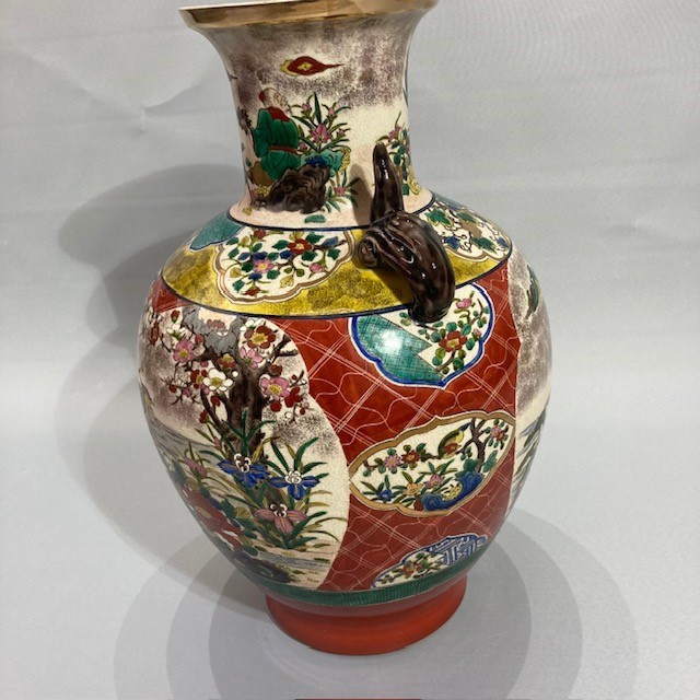 九谷焼 花瓶 金彩 壺 色絵 飾壺 - 光崖窯 古松と人物紋 古美術