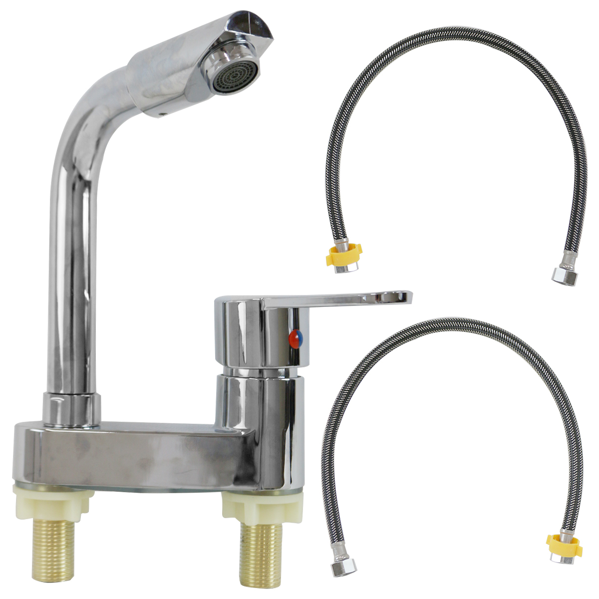 【送料無料】回転式 蛇口 洗面台 シングルレバー ツーホール式 混合水栓 接続ホース 2本 立水栓 水道 洗面 洗髪 回転 ヘッド