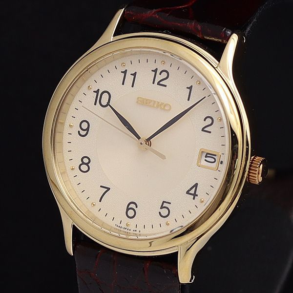 1円 稼働 美品 セイコー QZ 7N42-0CX0 スピリット アイボリー文字盤 デイト ラウンド アラビア メンズ腕時計 NBY0727 2385000KYM