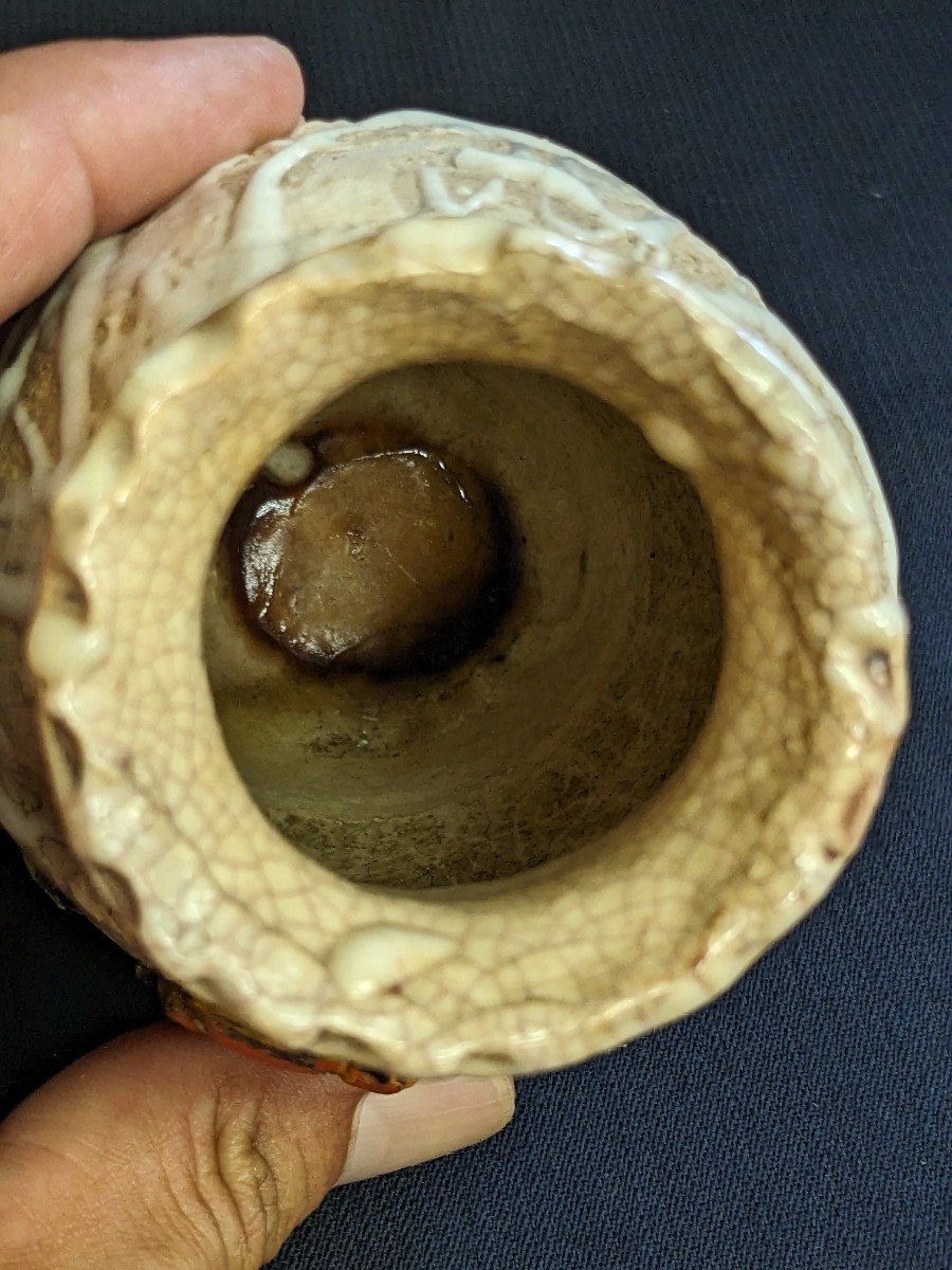 時代 水月焼 蟹 天神蟹 彫 小壷 壺 花瓶 高さ約12cm 検）楽山焼 二六焼