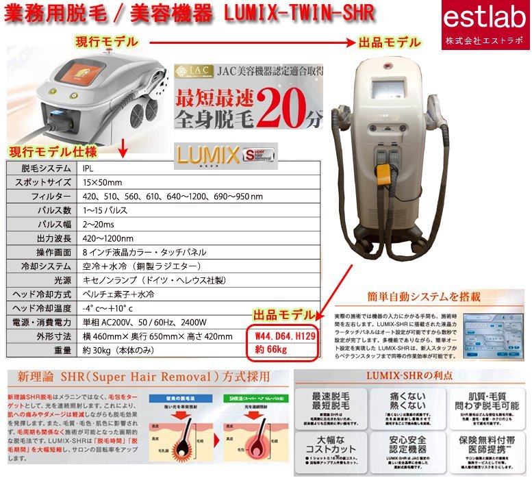 ☆激安！エストラボ/ESTLAB 業務用脱毛/美容機器 LUMIX-TWIN-SHR(定価450万) フットペダル付 日本製□NM