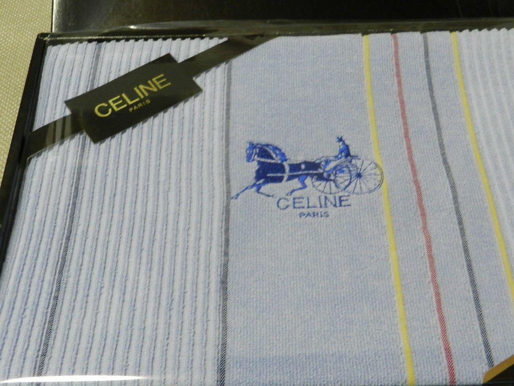 CELINE 水色 タオルケット ロゴ入り CELINE タオルケット ロゴ刺繍 水色 ストライプ 1枚 在庫処分 140cm