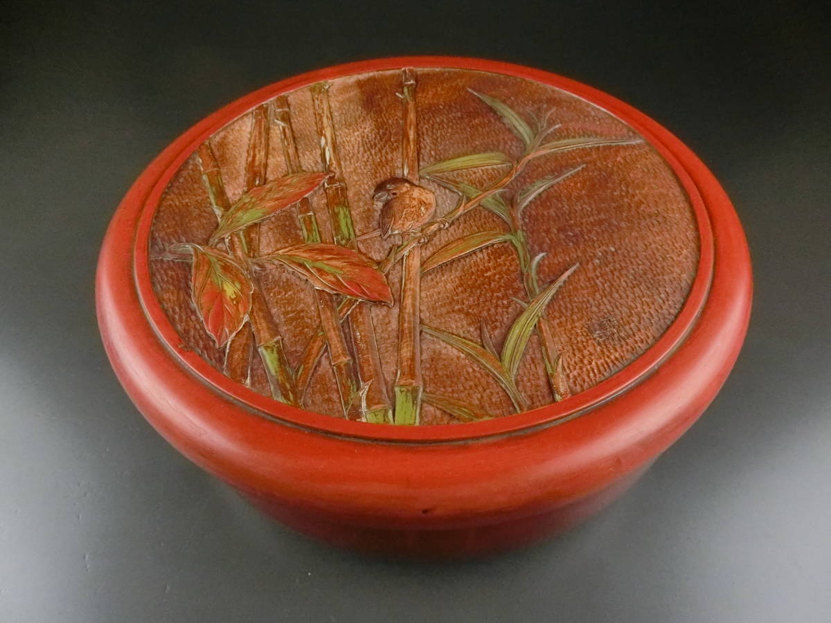 時代 茶道具 讃岐彫 木製 スズメ図 茶器 取込盆 花章刀欅彫