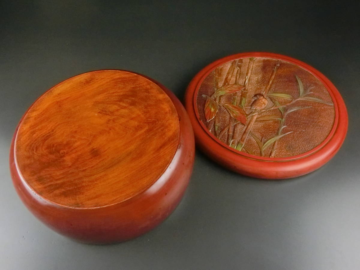 木製　文台　美品　茶道具　書道具　送料込 時代 茶道具 讃岐彫 木製 スズメ図 茶器 取込盆 花章刀欅彫