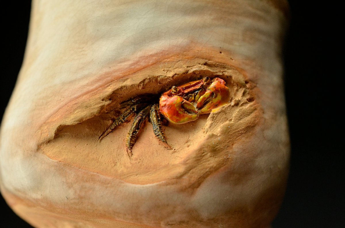 水月焼 楽山焼 【YB】二六焼 湯呑 天神蟹 細密彫 佐々木 二