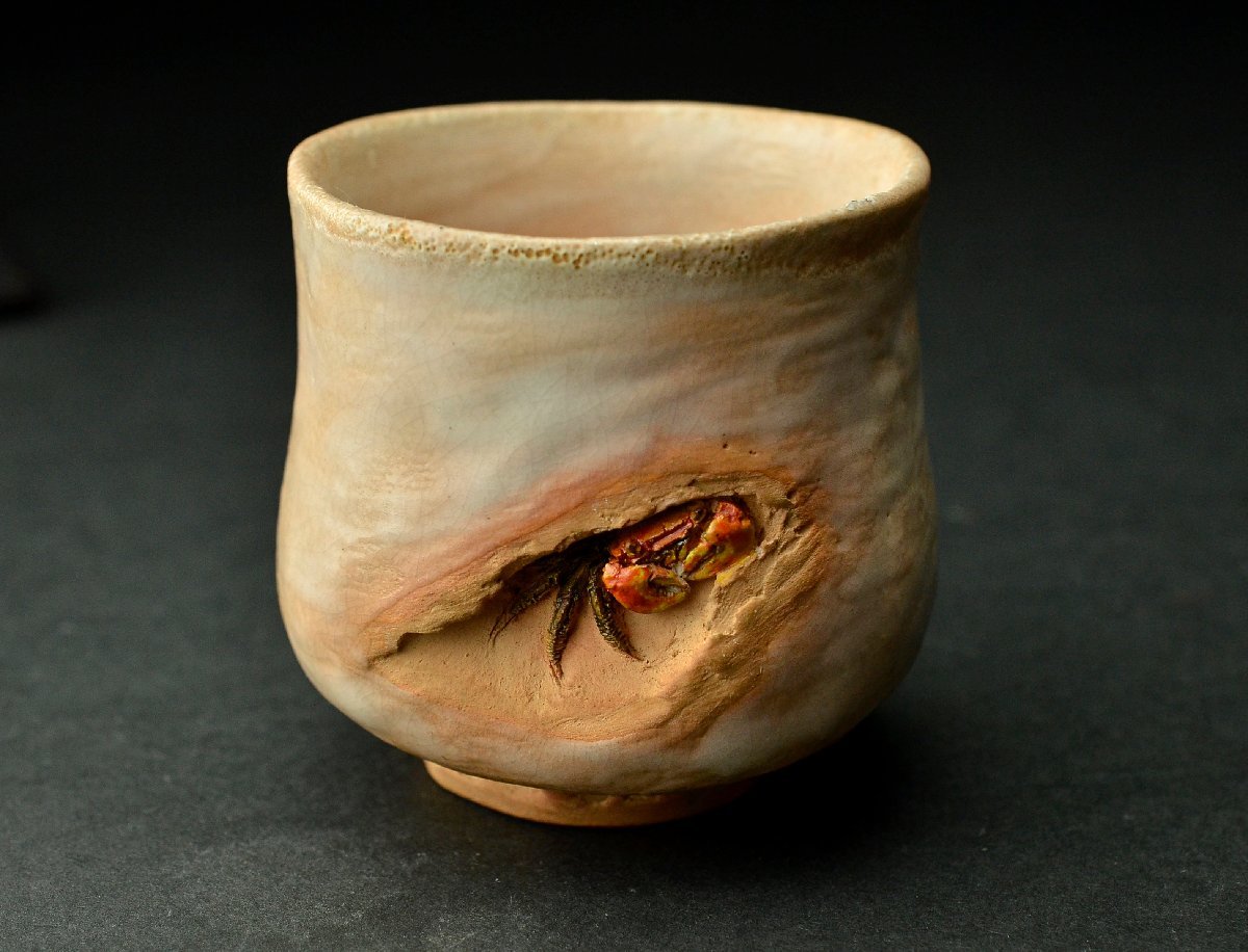 YB】二六焼 湯呑 天神蟹 細密彫 佐々木 二六 湯呑 佐々木二六