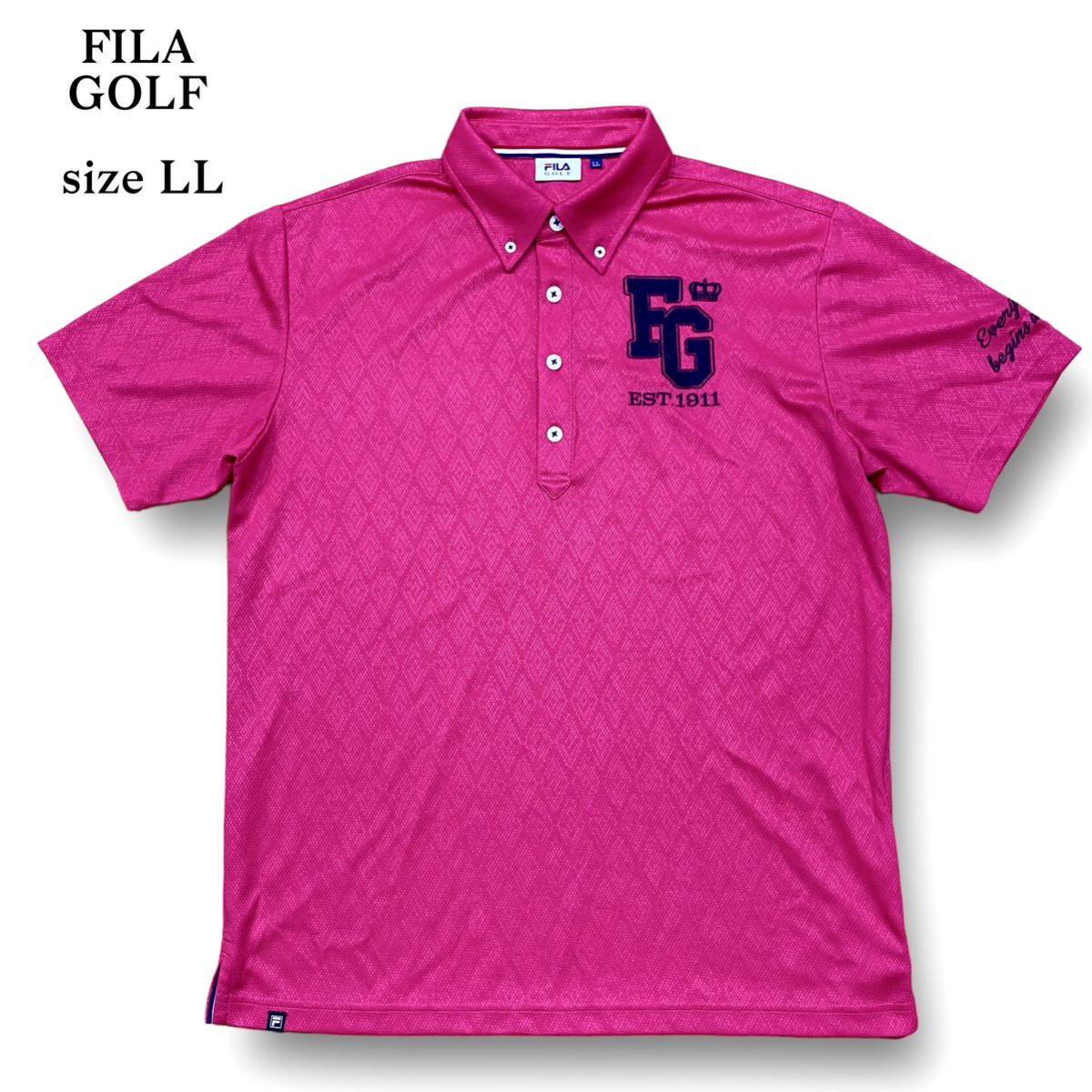 新品同様 FILA GOLF 半袖 ポロシャツ ボタンダウン フィラ ゴルフ 刺繍 ショッキングピンク トップス メンズ ウェア サイズ LL XL