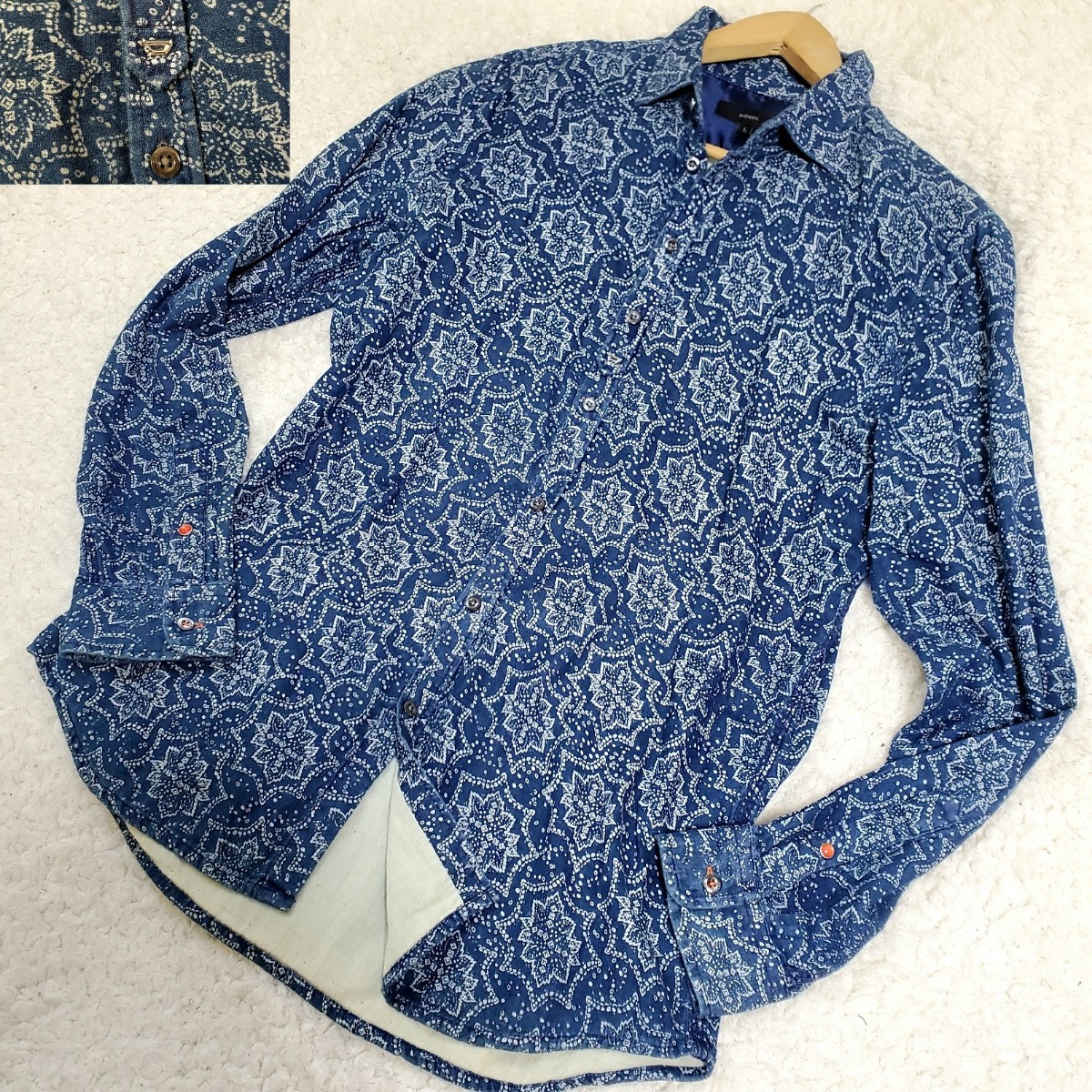 DIESEL/ディーゼル Lサイズ インディゴ 金具 花柄/総柄 ボタン式 長袖シャツ/トップス メンズ コットン 