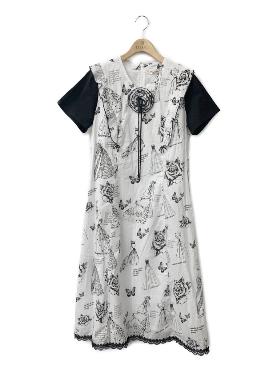 スーパービューティー ワンピース モノトーン ドレスプリント コサージュ付 総柄 半袖 42