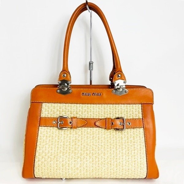 miu miu かごバッグ ストローバッグ レザー ヴィンテージ オレンジ 美品 miumiu ミュウミュウ ストロー×レザー ハンドバッグ オレンジ系