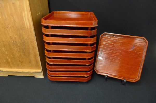 U002 時代物 天然木製漆器 角切四方膳十客揃 和食器 古道具 古民具 茶道具 懐石道具 会席道具/140