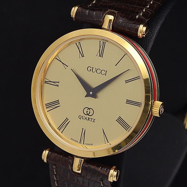 1円 稼働 良品 箱/保証書付 グッチ QZ GQ2000 ライトゴールド文字盤 ラウンド ローマン メンズ腕時計 5105100KYM