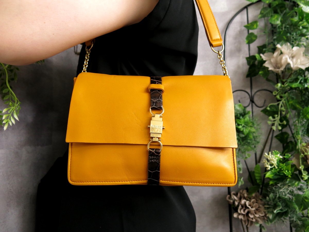 ●超美品●CELINE セリーヌ●クロコダイル 型押し レザー 本革●ワンショルダー バッグ●ゴールデンイエロー●G金具●肩掛け●Js39373