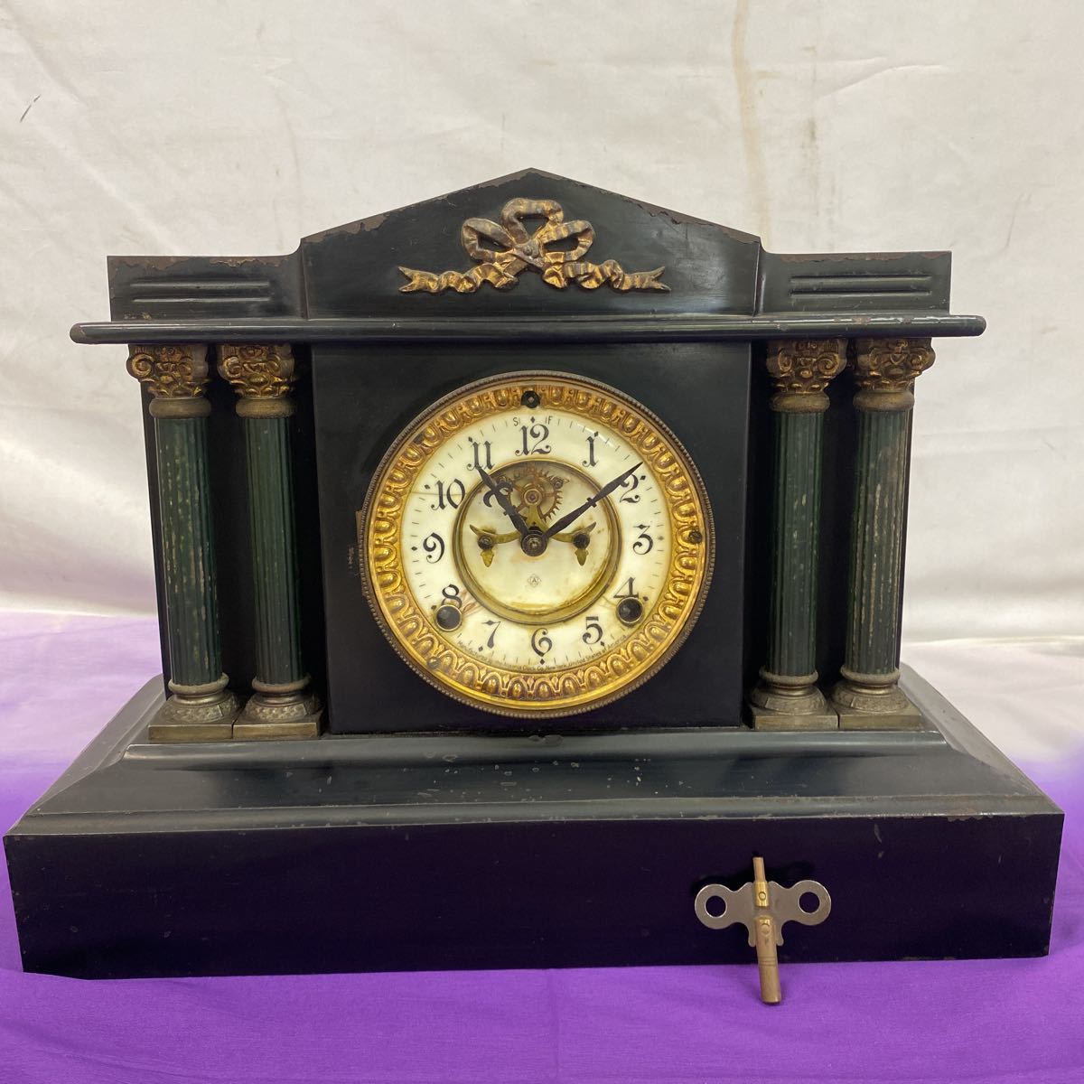 ◆アンティーク ANSONIA/アンソニア ゼンマイ 置時計 ボンボン時計 鉄製 手巻 振り子式 アメリカ製 骨董 インテリア 古道具 古民家 110-30