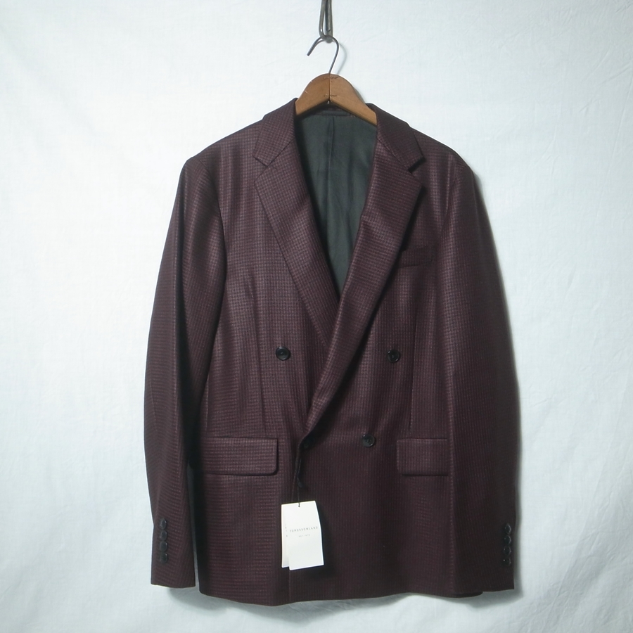 新品 TOMORROWLAND シルク混 テーラードジャケット ダブル 46 千鳥格子 赤黒 / チェック 絹 スーツ