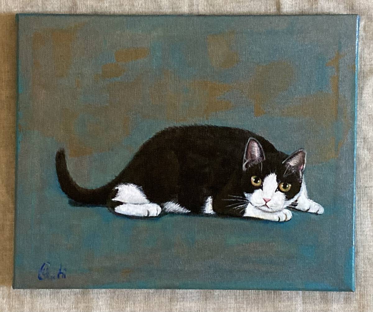 白黒ハチワレ猫 直筆 アクリル画 ネコのイラスト ハンドメイド ねこ