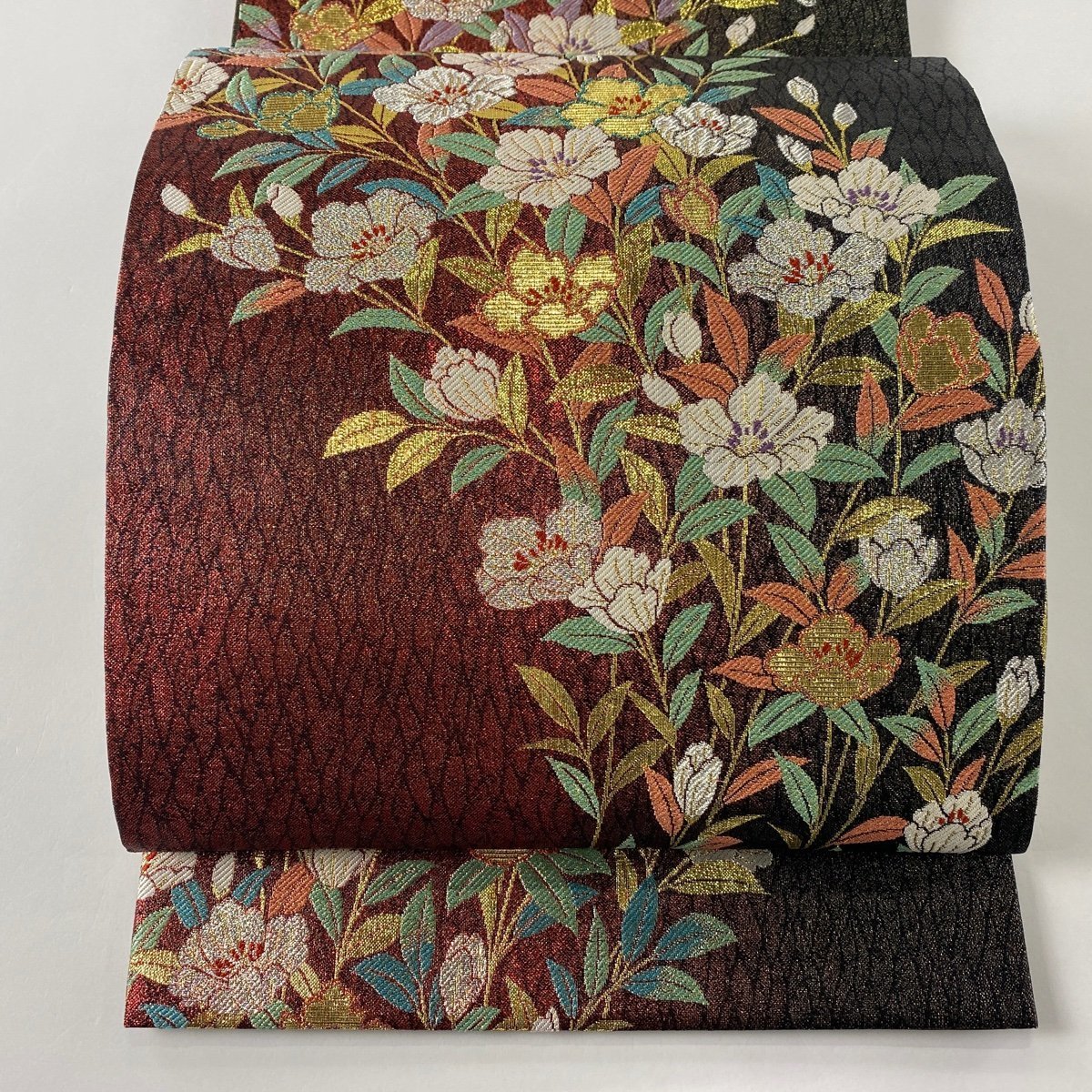 袋帯 美品 秀品 草花 金銀糸 箔 赤 六通 正絹 【中古】