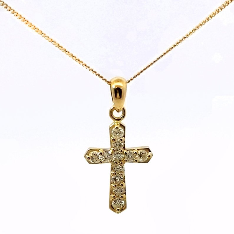 1円■クロスモチーフ 11P・ダイヤモンドネックレス・ペンダント/K18YG/750-2.1g/FD:0.30ct/イエローゴールドカラー ■484528