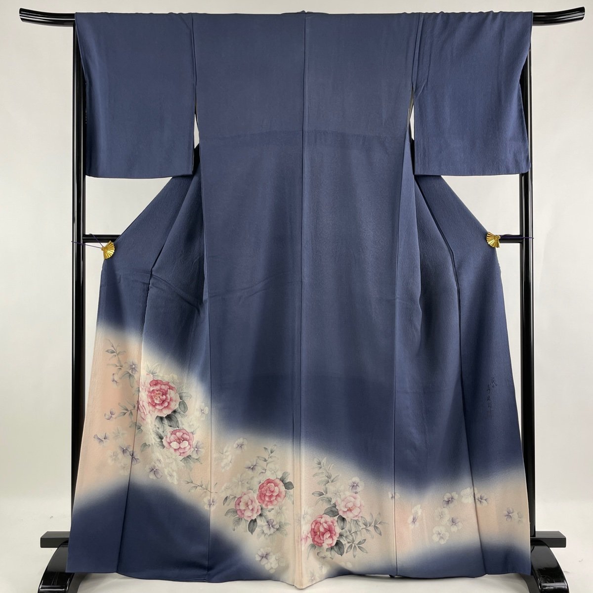 付下げ 名品 二代目清次郎 落款 草花 ぼかし 青灰色 袷 身丈168cm 裄丈