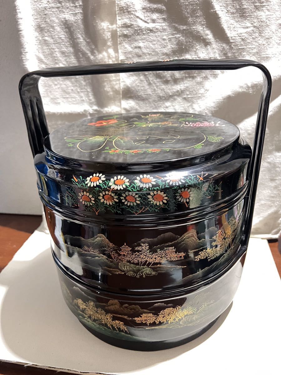 漆器のアソベ 木箱付き 山茶花蒔絵丸重 ◇ 木製漆器 中国古美術 手持ち 喰籠 山水 花絵 二段重箱丸型 内朱 丸