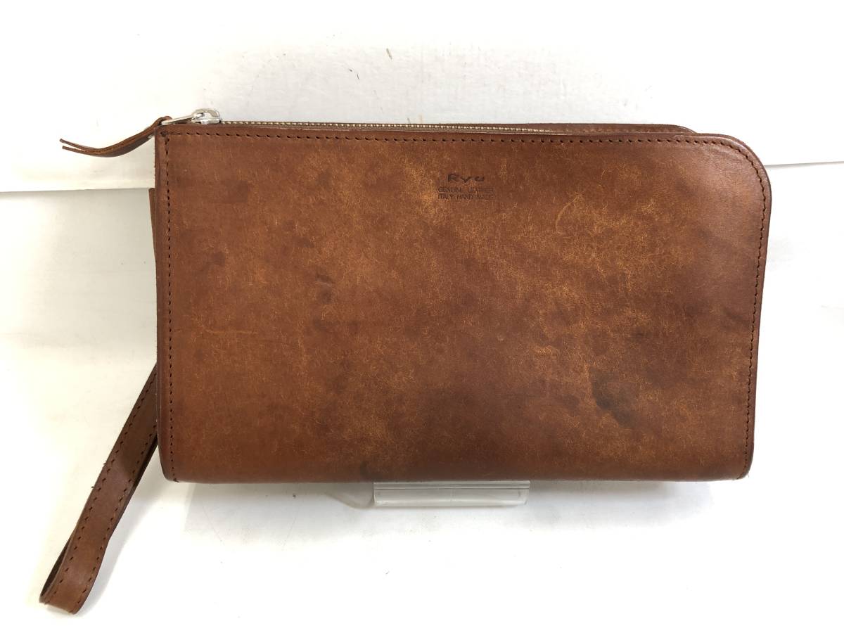 CL230915-02K/ Ryu レザー バッグ セカンドバッグ クラッチバッグ L字ジップ 茶 ブラウン