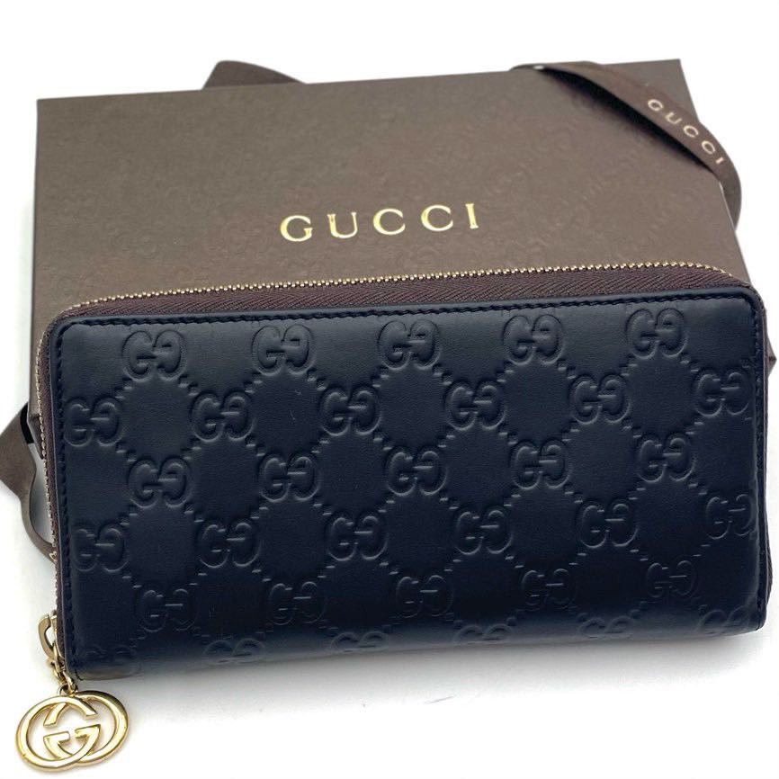 極美品 GUCCI シマ ブラック ラウンドファスナー sima レザー 型押し ソーホー インターロッキング ダブルG キャンパス グッチ 