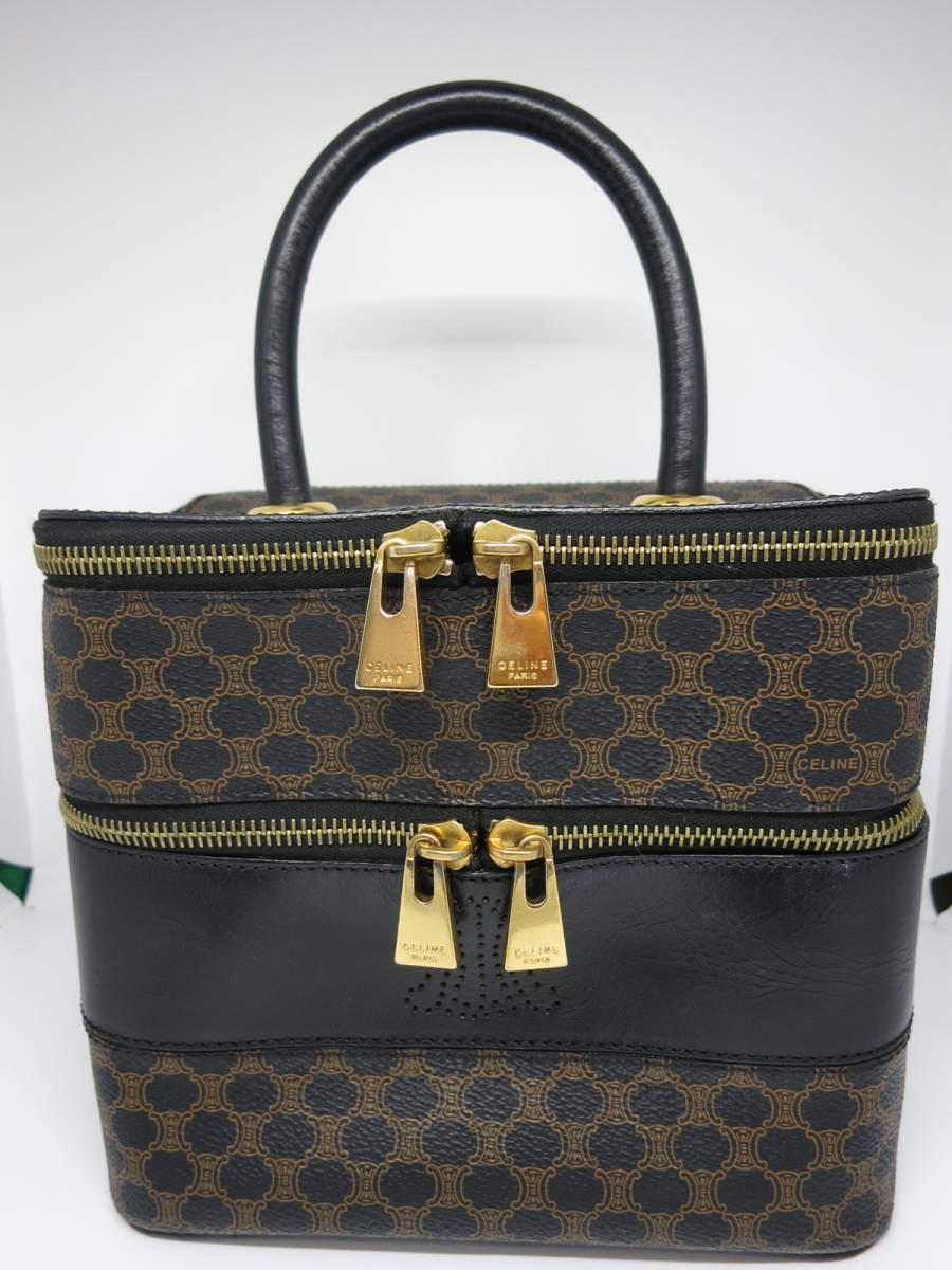 CELINE/セリーヌ/バニティ/2段ポーチ/ハンドバッグ/自立ハンドルマカダム柄/メイクポーチ/ ブラウン×ブラック
