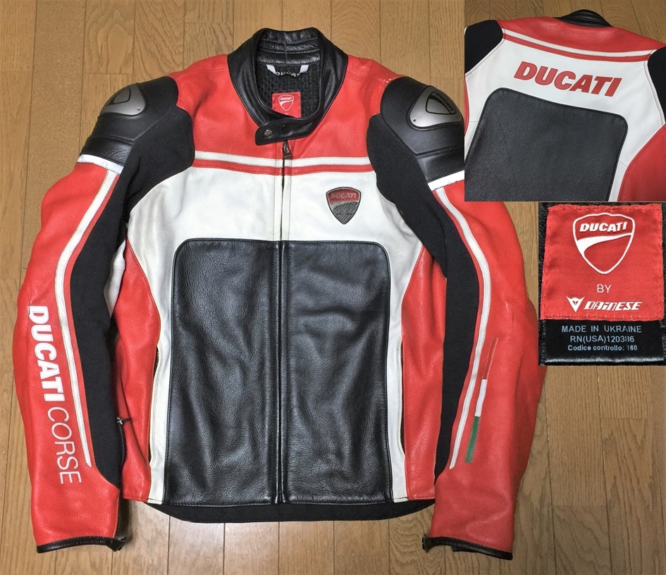 希少 定価10万 DUCATI CORSE by DAiNESE ドゥカティ・コルセ ダイネーゼ 2014 牛革 レザー ライディング ジャケット メンズ 54 XL-XXL 赤黒