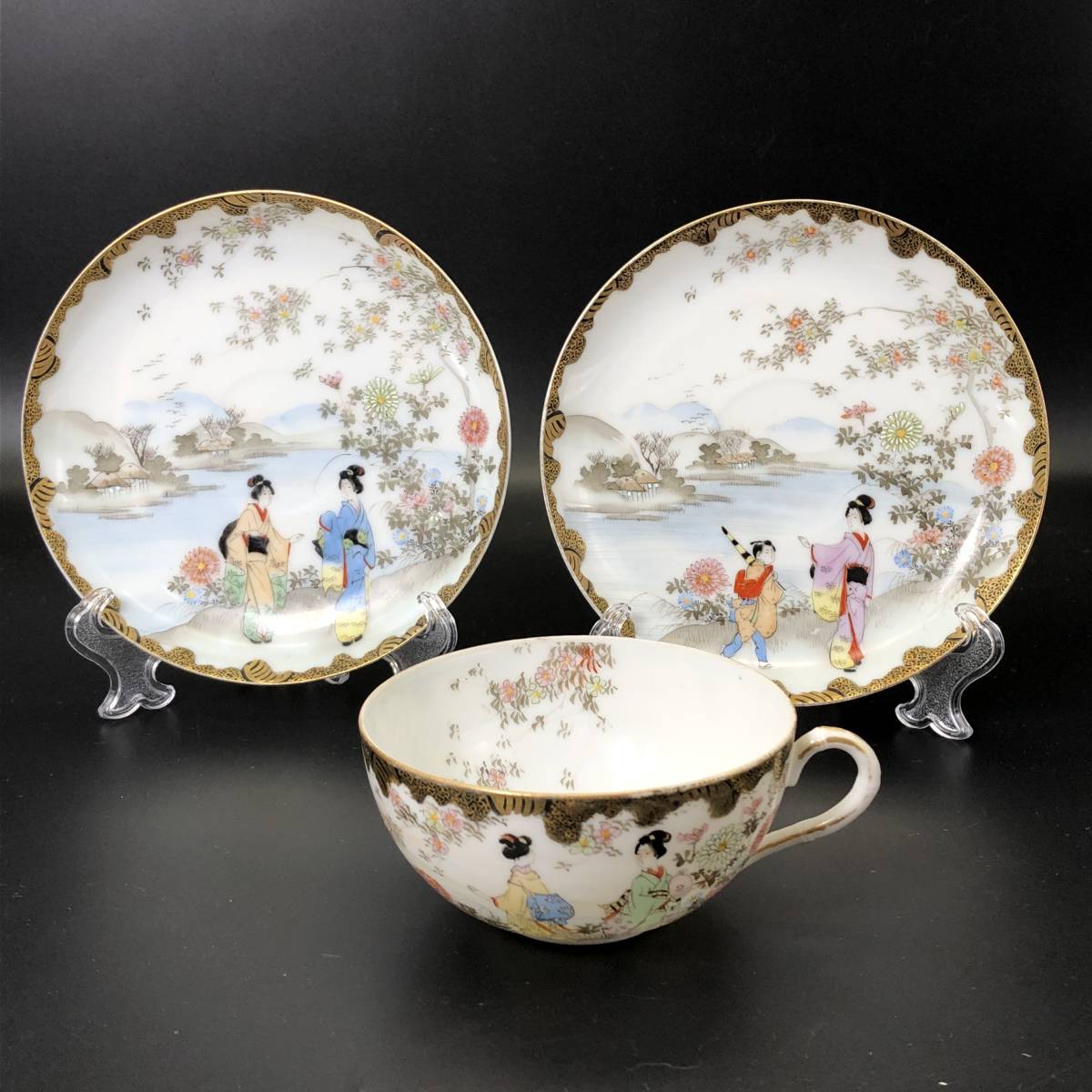 【 明治期 里帰り 】オールドニッポン　川戸・金彩手彩色芸妓図　卵殻手 ( エッグシェル ) キャビネット カップ＆ソーサー　※ソーサ2枚付