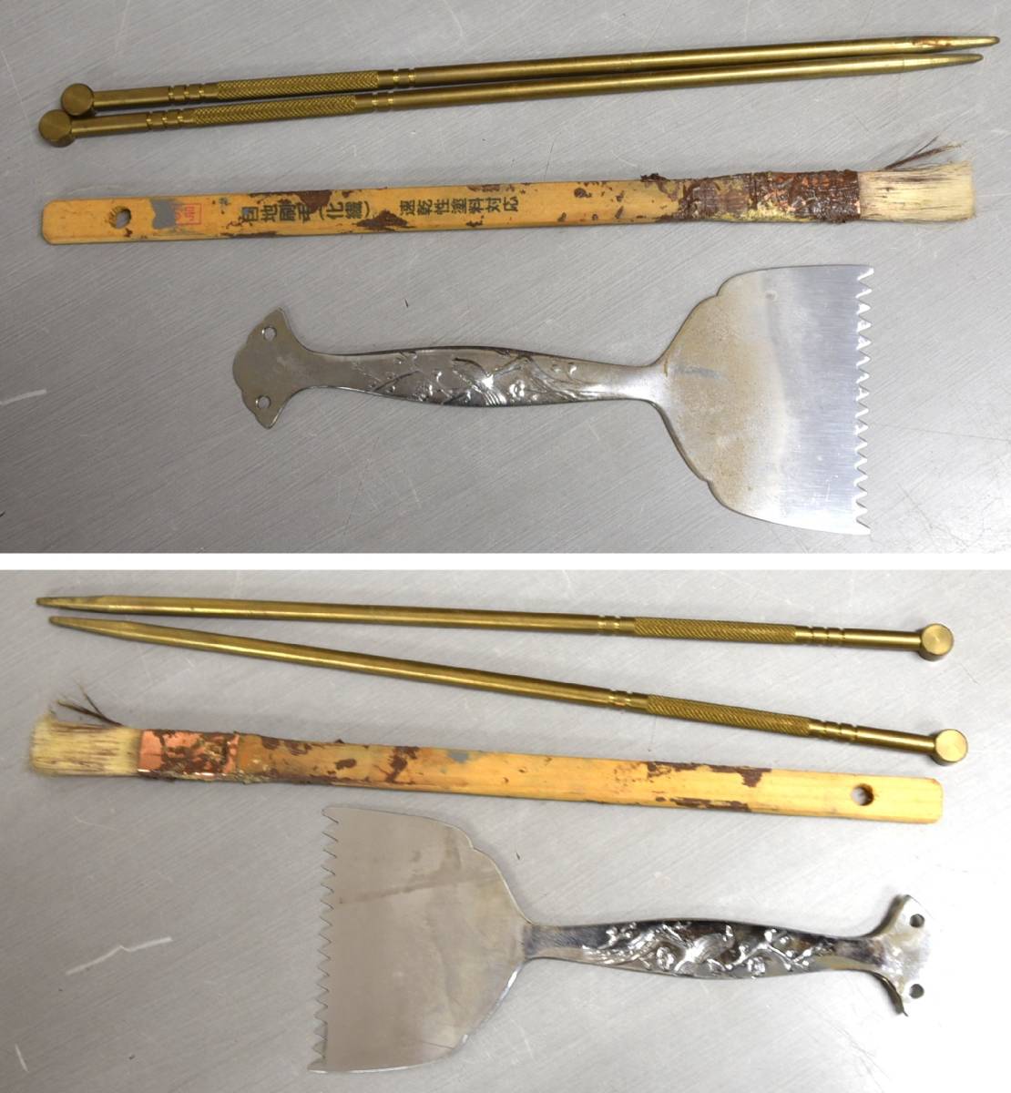 OY9-60【現状品】木製 灰入り角火鉢 火箸 五徳 灰ならし｜約28cm×約