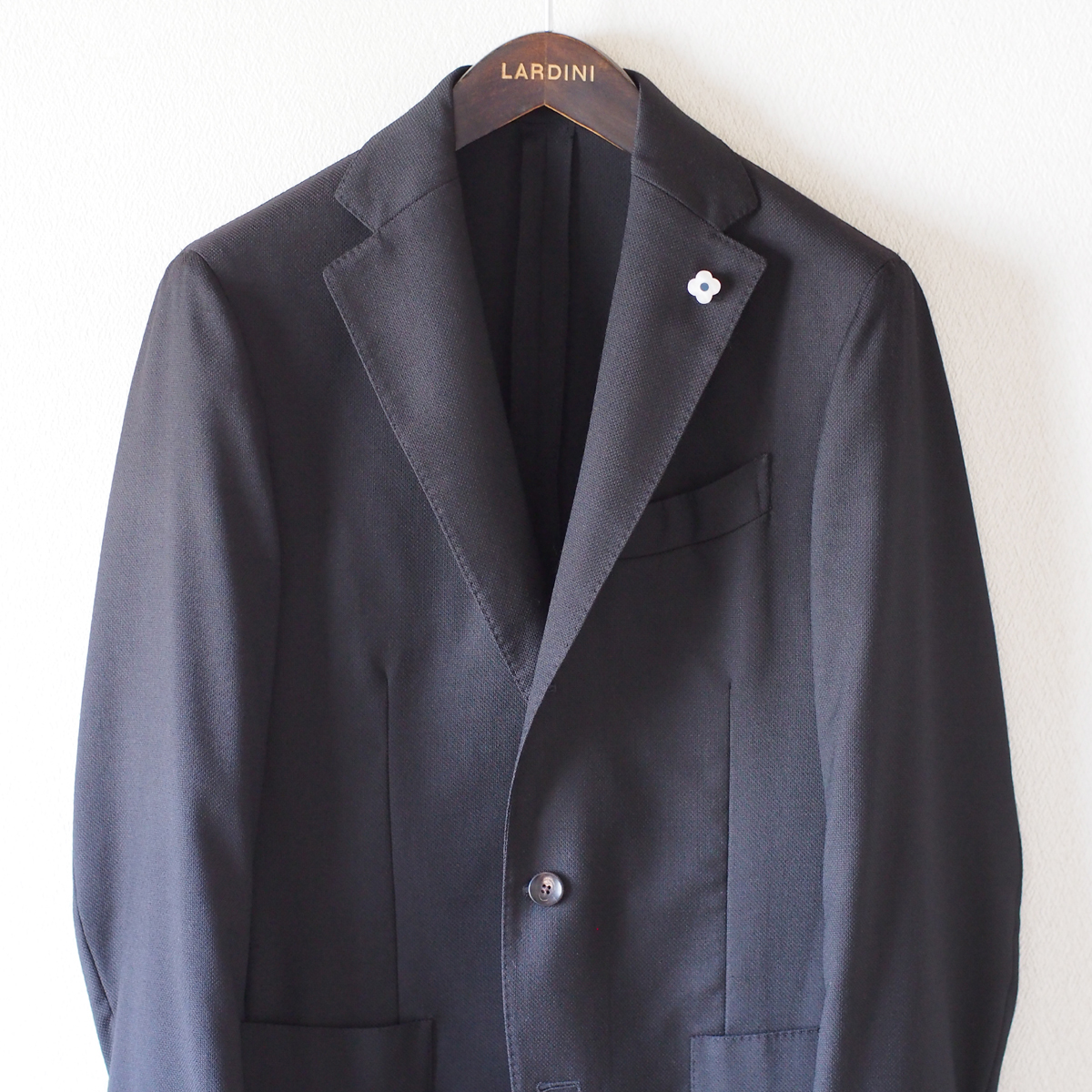 '20年モデル 46 シェル製 新品ブートニエール付 LARDINI Wool Hopsack Jacket Black ラルディーニ ジャケット ホップサック 黒 ブラック