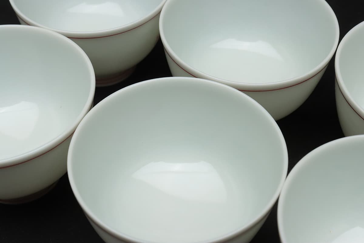 EN639 【平安清昌 造(加藤清昌)】京焼 赤絵 葉文 煎茶碗 六客 紙箱附