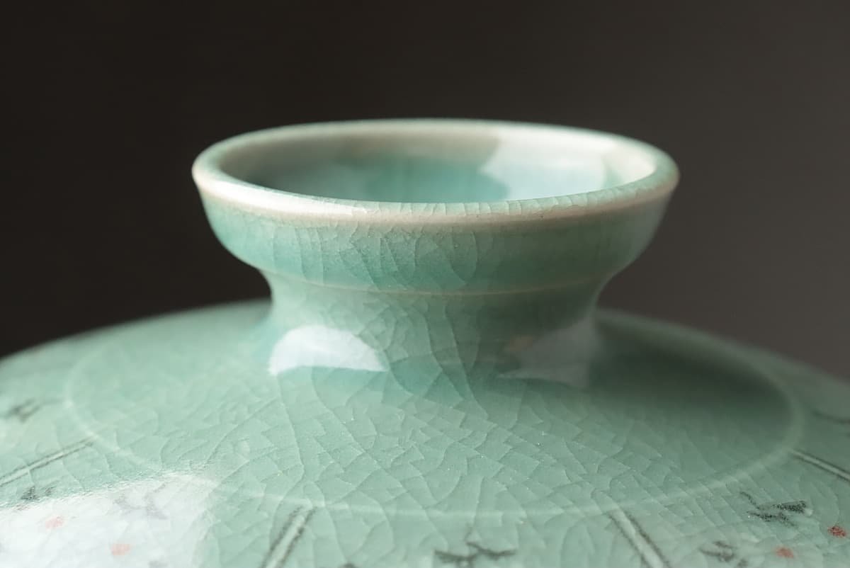 JI339 古岩 金興福 作 高麗青磁辰砂 花唐草文瓶子 高29.8cm 重2kg 共箱 
