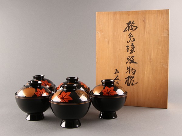 定番，SALE 【K】茶懐石道具 輪島塗 漆塗蒔絵 吸物椀 ５客 箱付 うぶだし品 e136