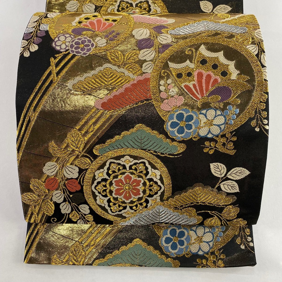 袋帯 美品 秀品 蝶 松 金銀糸 箔 黒 六通 正絹 【中古】 袋帯
