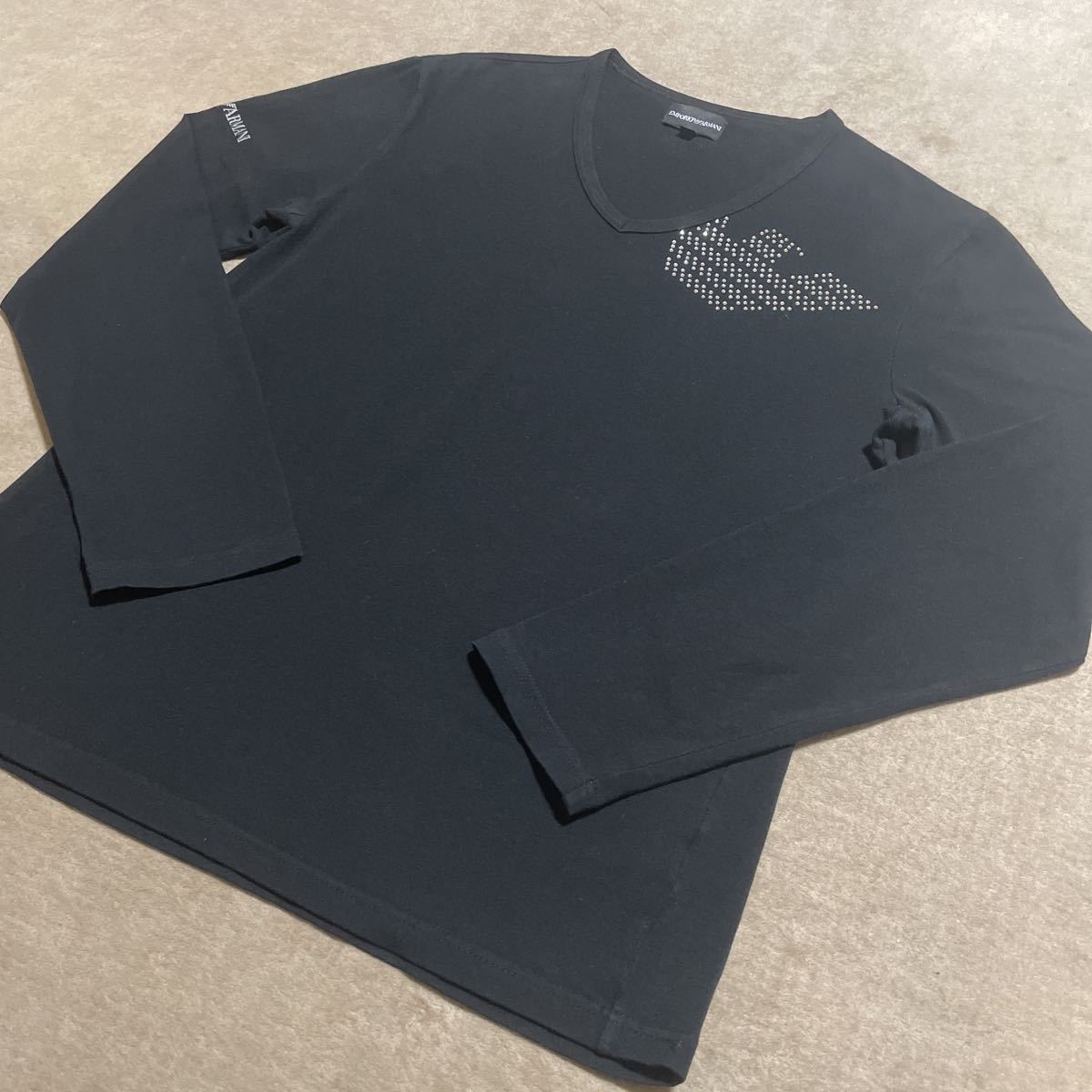 エンポリオアルマーニ ■ ラインストーン&シルバーラメロゴ！長袖Tシャツ Lサイズ　EMPORIO ARMANI ロンT