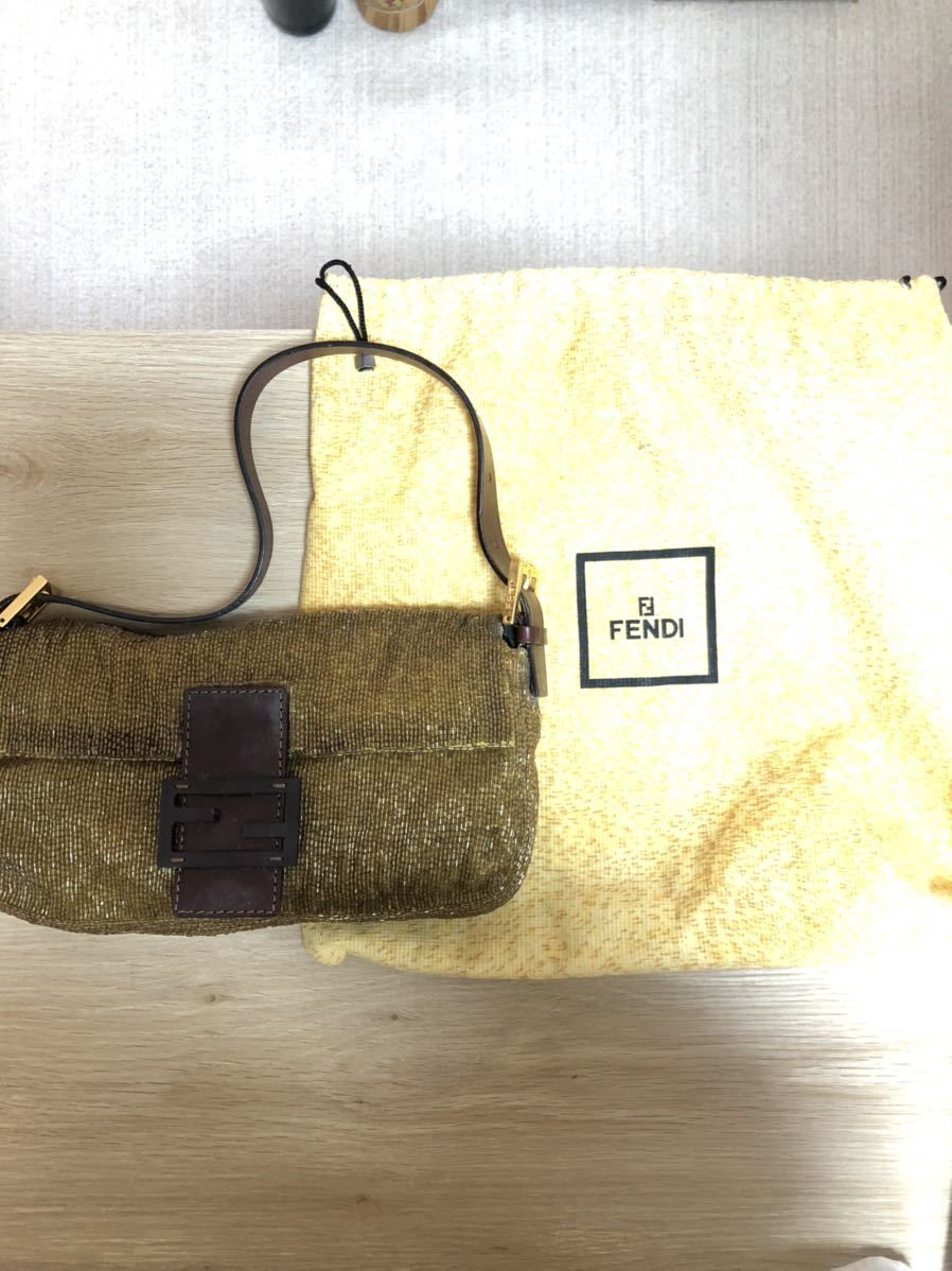 【超希少】FENDI フェンディ マンマバケット ハンドバッグ ショルダー 総ビーズ FF 金具 フラップ レザー イエロー 黄色