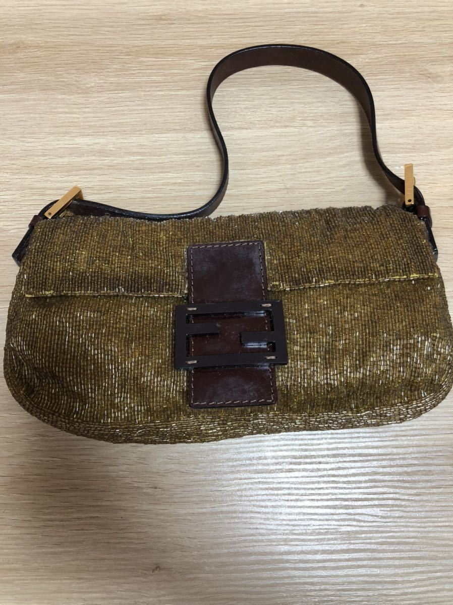 【超希少】FENDI フェンディ マンマバケット ハンドバッグ ショルダー 総ビーズ FF 金具 フラップ レザー イエロー 黄色