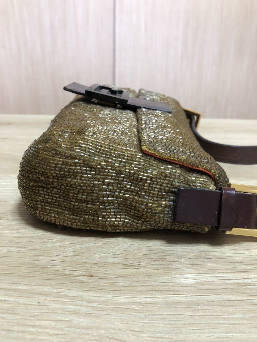 【超希少】FENDI フェンディ マンマバケット ハンドバッグ ショルダー 総ビーズ FF 金具 フラップ レザー イエロー 黄色