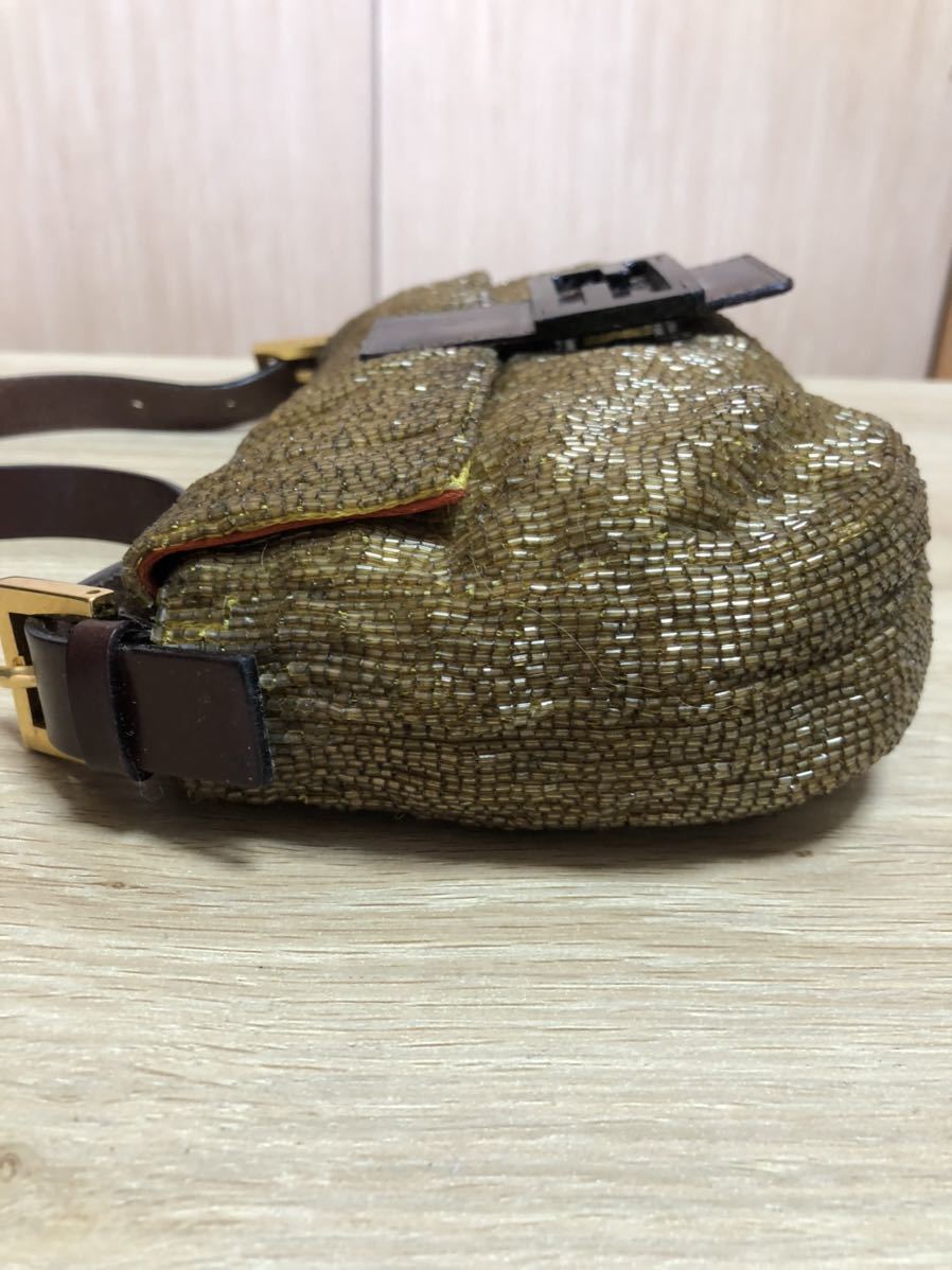 【超希少】FENDI フェンディ マンマバケット ハンドバッグ ショルダー 総ビーズ FF 金具 フラップ レザー イエロー 黄色