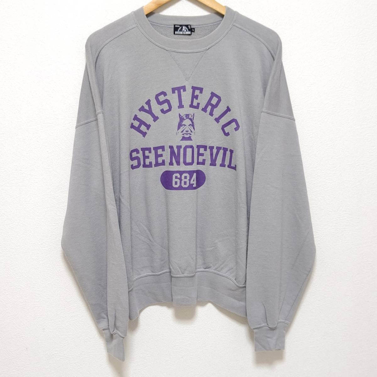 希少【HYSTERIC GLAMOUR】ヒステリックグラマー 4段 カレッジ ロゴ プリント SEE NO EVIL スウェット トレーナー グレー 灰色 L 日本製/94j