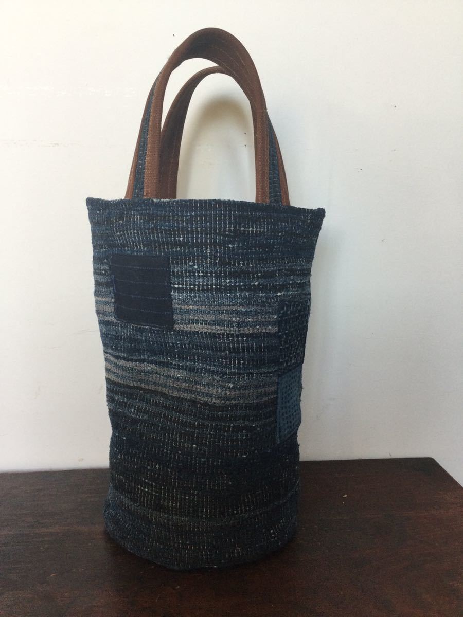 古布/裂織/酒袋/手提げ/トートバッグ/筒型/リメイク/バック/藍染/時代